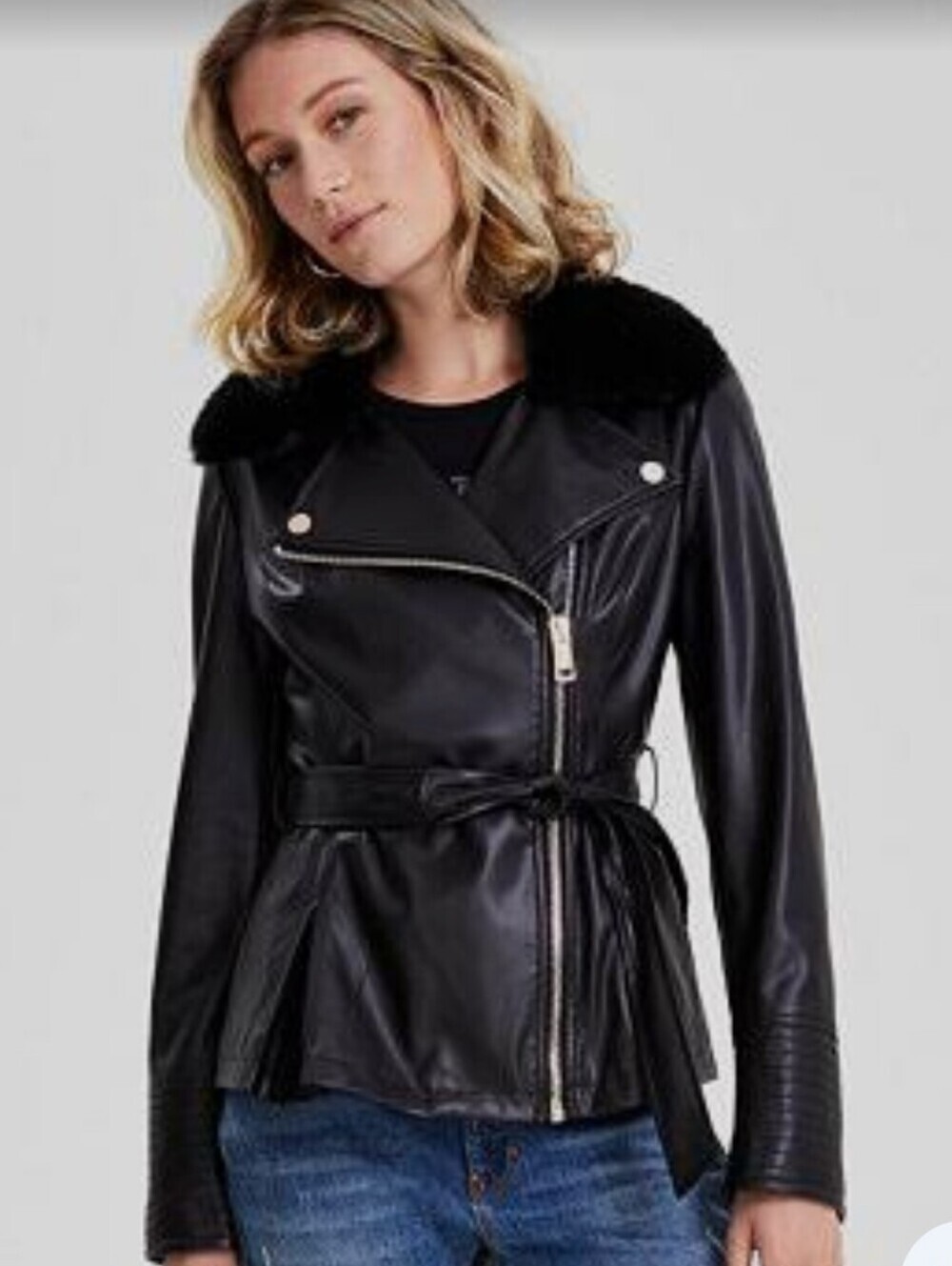 Guess Black Faux Leather Belted Moto Jacket with Faux Fur Collar * NWT *XL